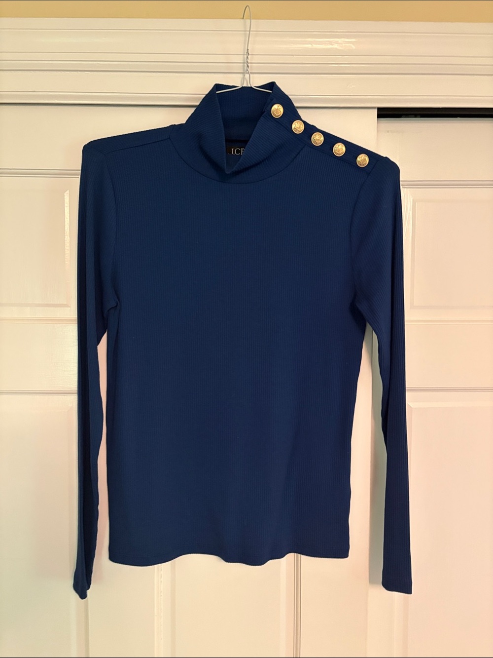 J Crew Navy Ribbed Long Sleeve Top with Gold Buttons